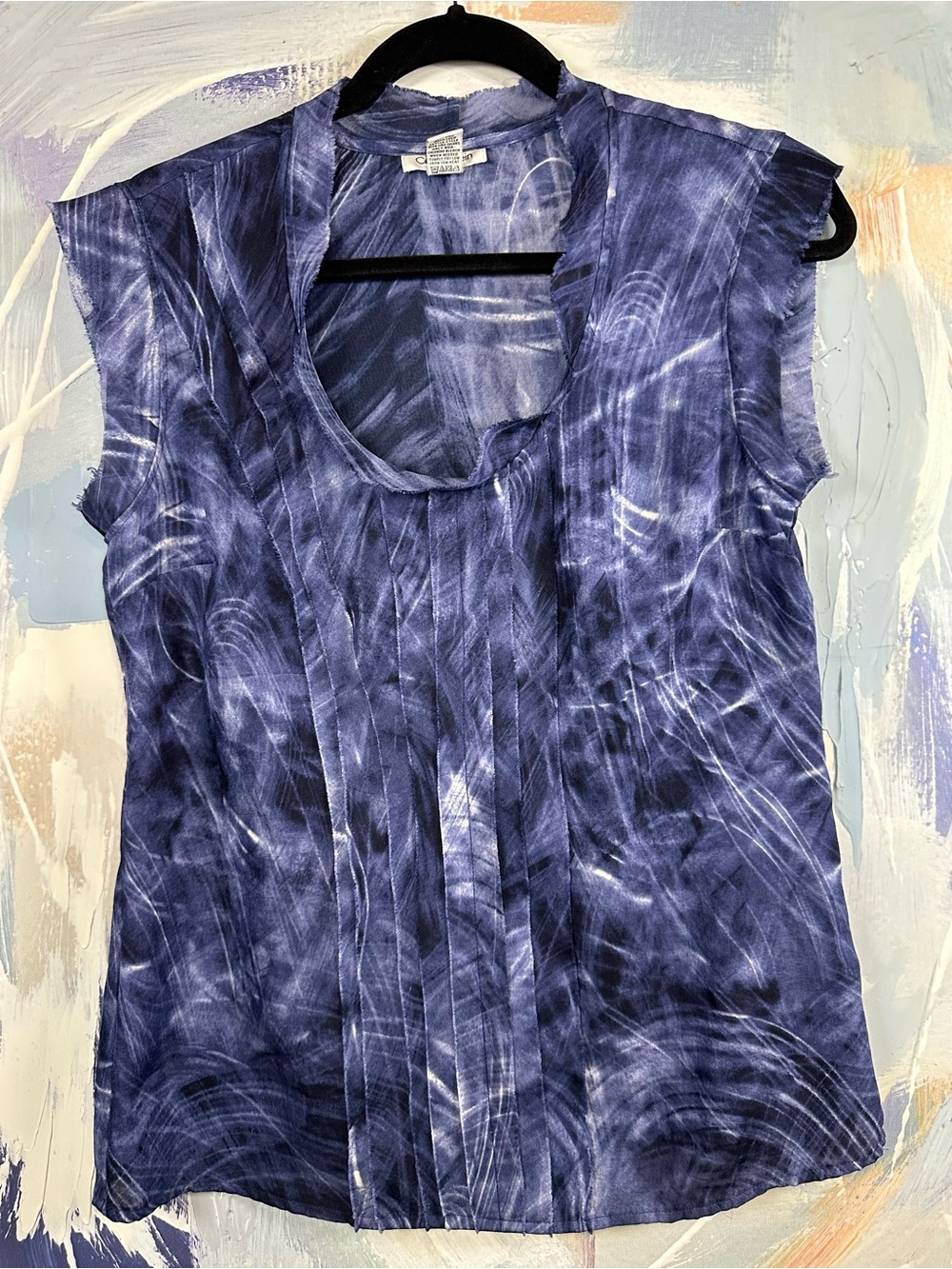 Calvin Klein Blue Tie Dye Sleeveless Blouse Pintuck Raw Edge Top S